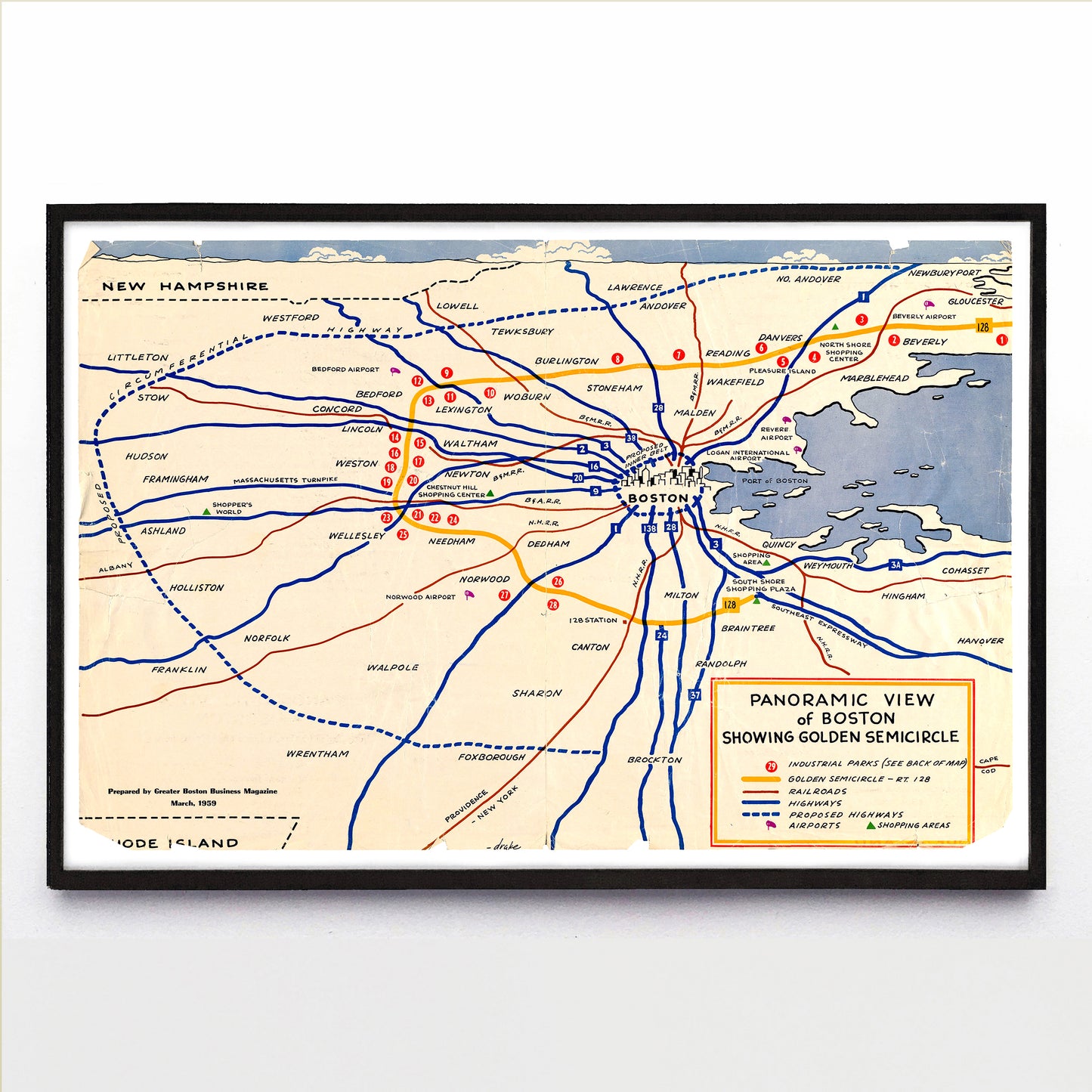 “Panoramic View of Boston Showing Golden Semicircle” print by Greater Boston Business Magazine (1959)