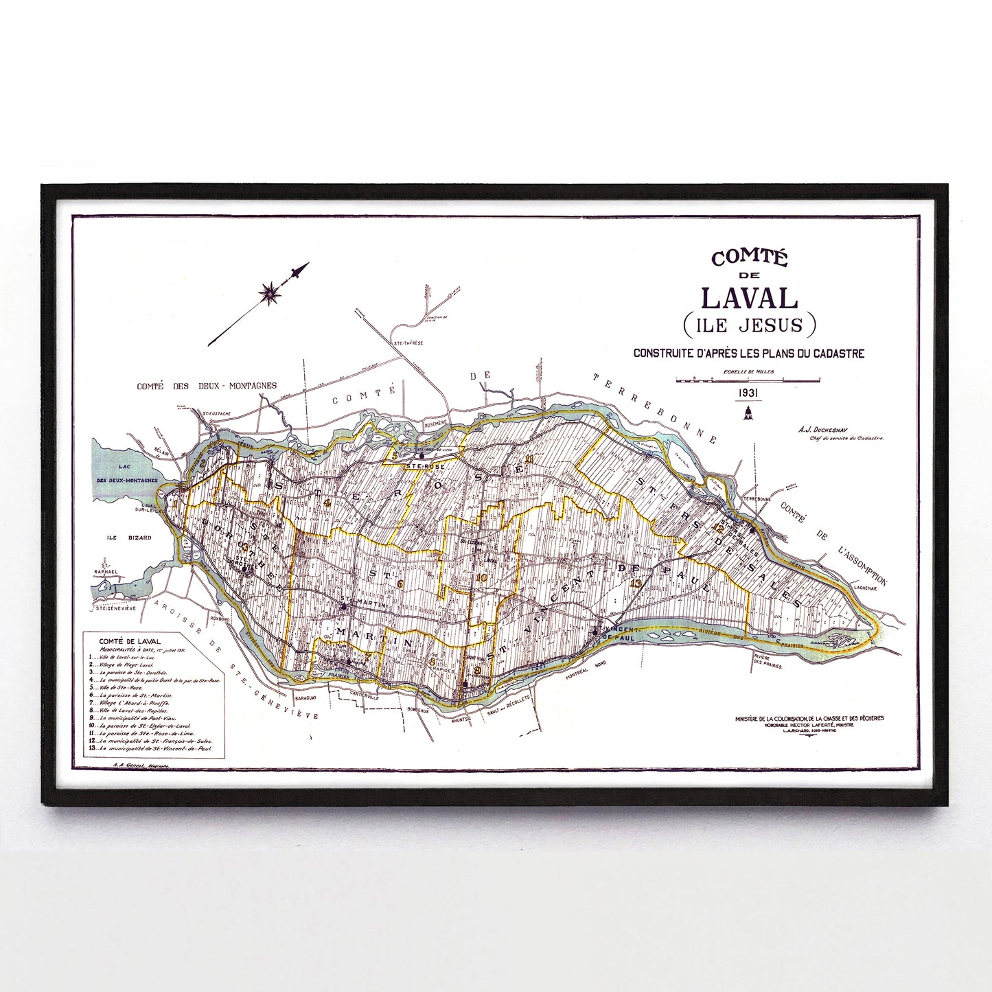 “Comté de Laval (Ile Jesus) Contruite D'Après les Plans Du Cadastre” print by A. J. Duchesnay (1931)