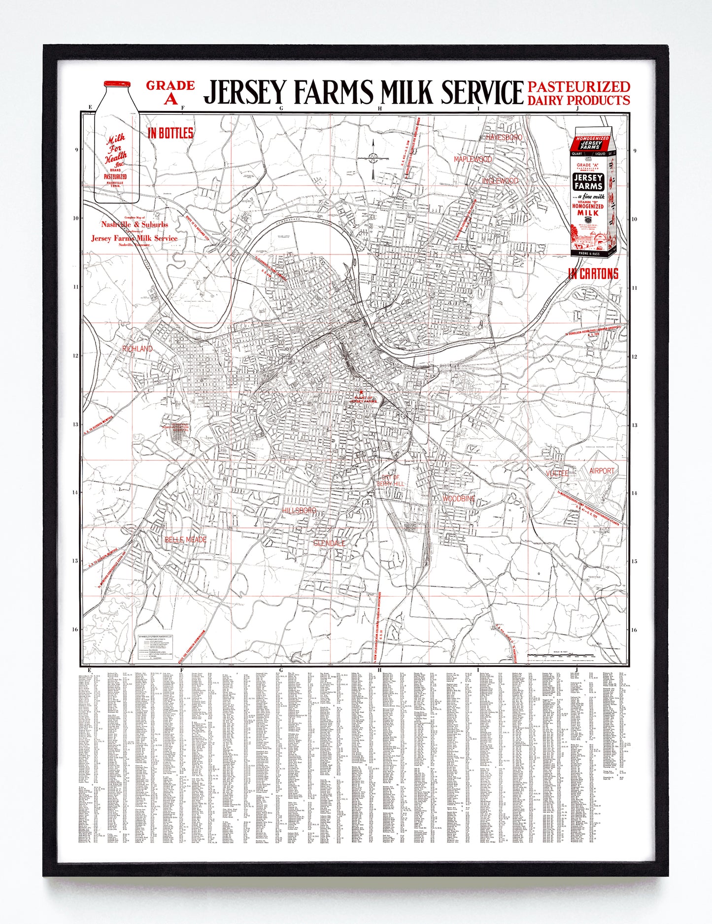 “Complete Map of Nashville & Suburbs” print by the Jersey Farms Milk Service (1950)