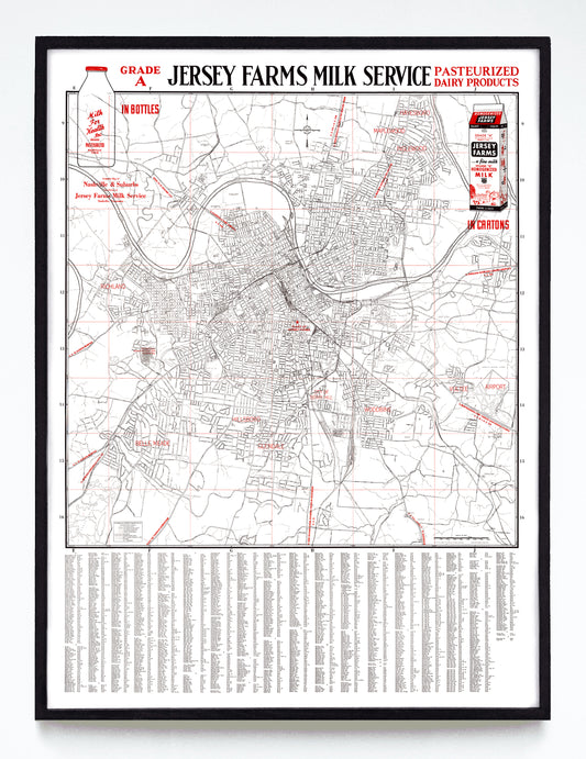“Complete Map of Nashville & Suburbs” print by the Jersey Farms Milk Service (1950)