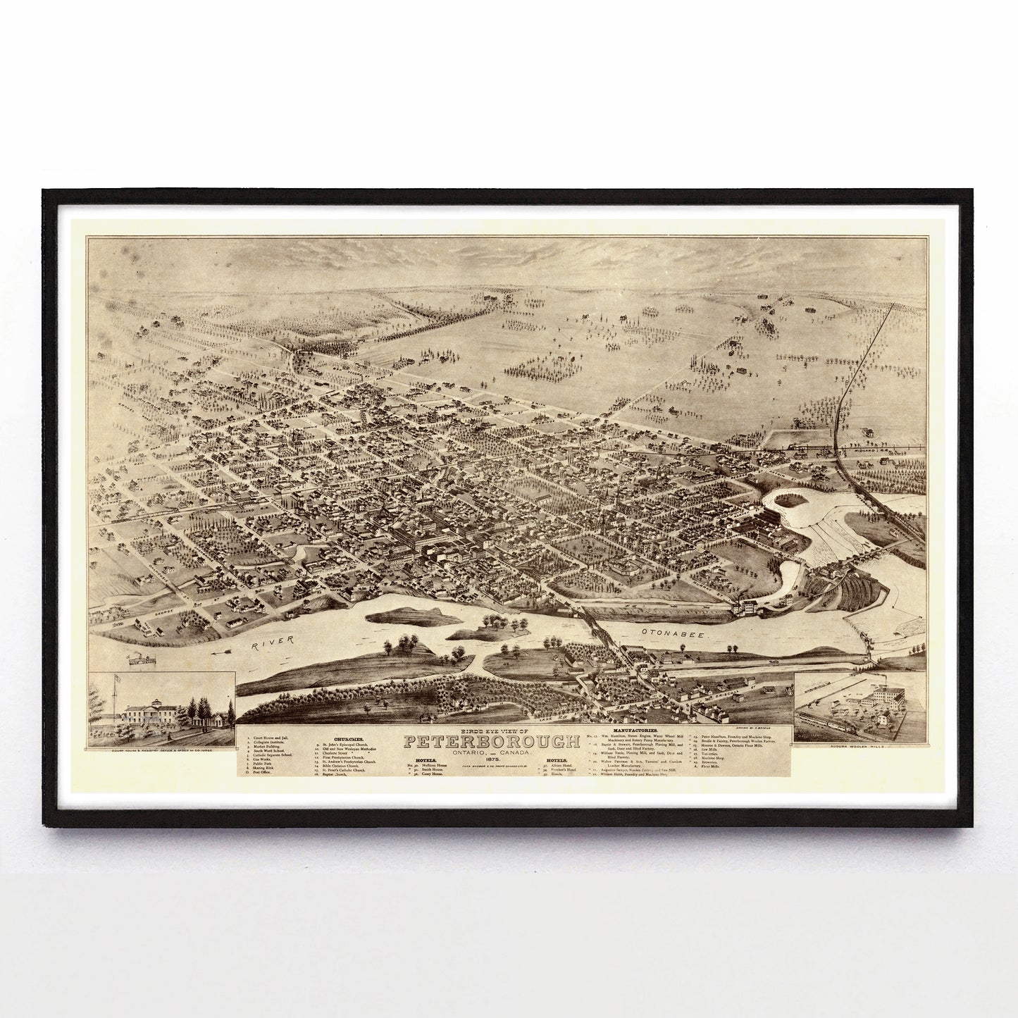 “Bird's Eye View of Peterborough, Ontario, Canada” print by Herman Brosius (1875)