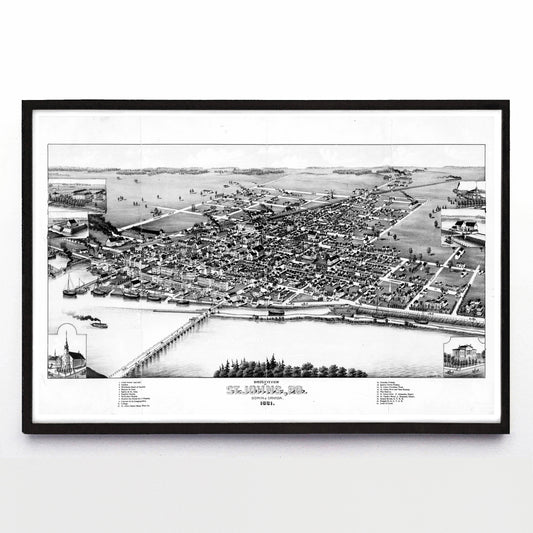 “Bird's Eye View of St. Johns (Saint-Jean-Sur-Richelieu), P. Q.” print by Henry Wellge (1881)