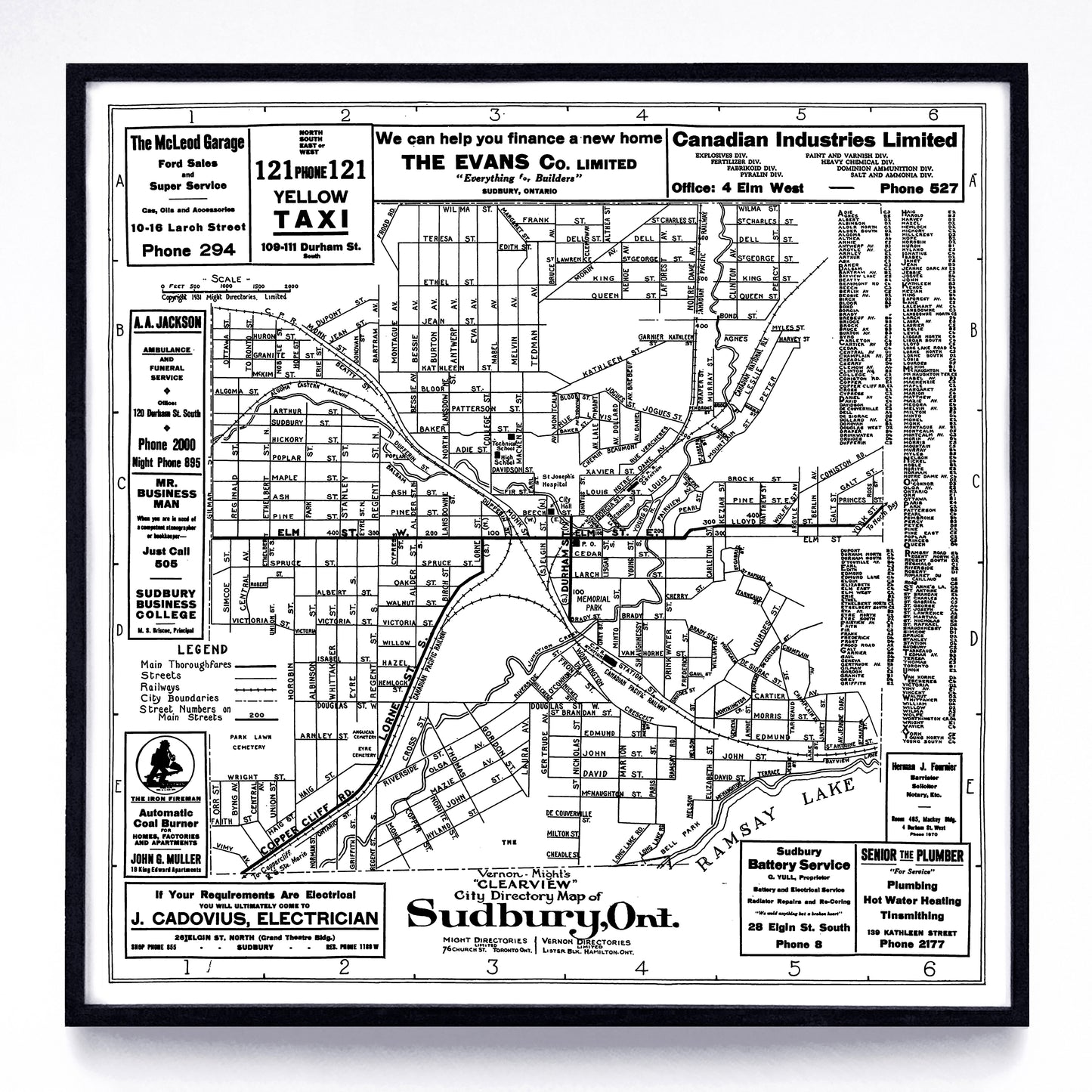 “Clearview City Directory Map (of) Sudbury, Ont.” print by Vernon-Might (1931)