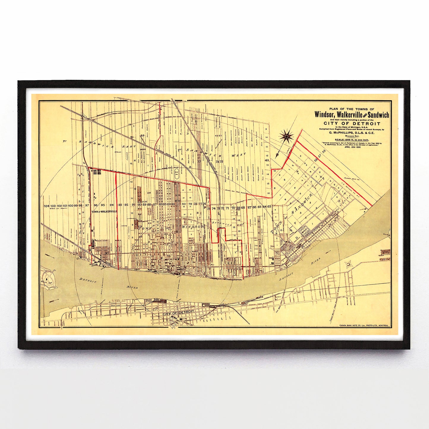 “Plan of the Towns of Windsor, Walkerville and Sandwich” print by G. McPhillips (1890)