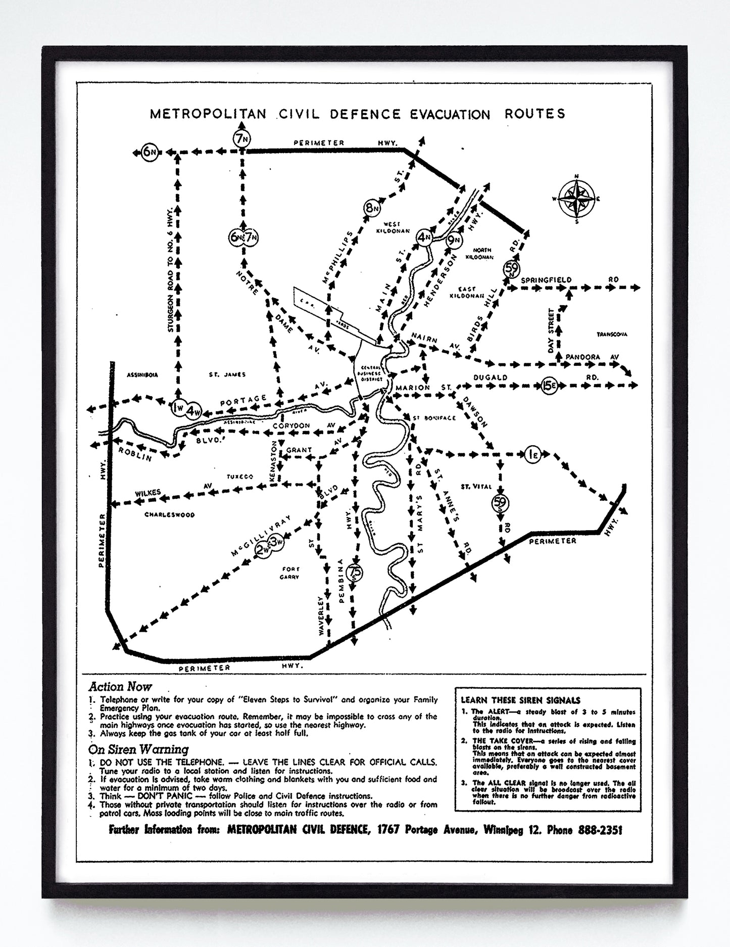 "(Winnipeg) Metropolitan Civil Defence Evacuation Routes" print (1964)