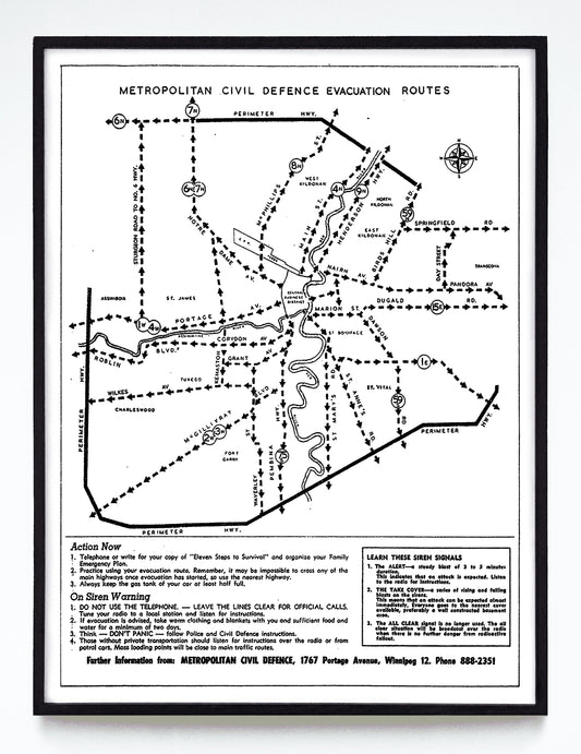 "(Winnipeg) Metropolitan Civil Defence Evacuation Routes" print (1964)