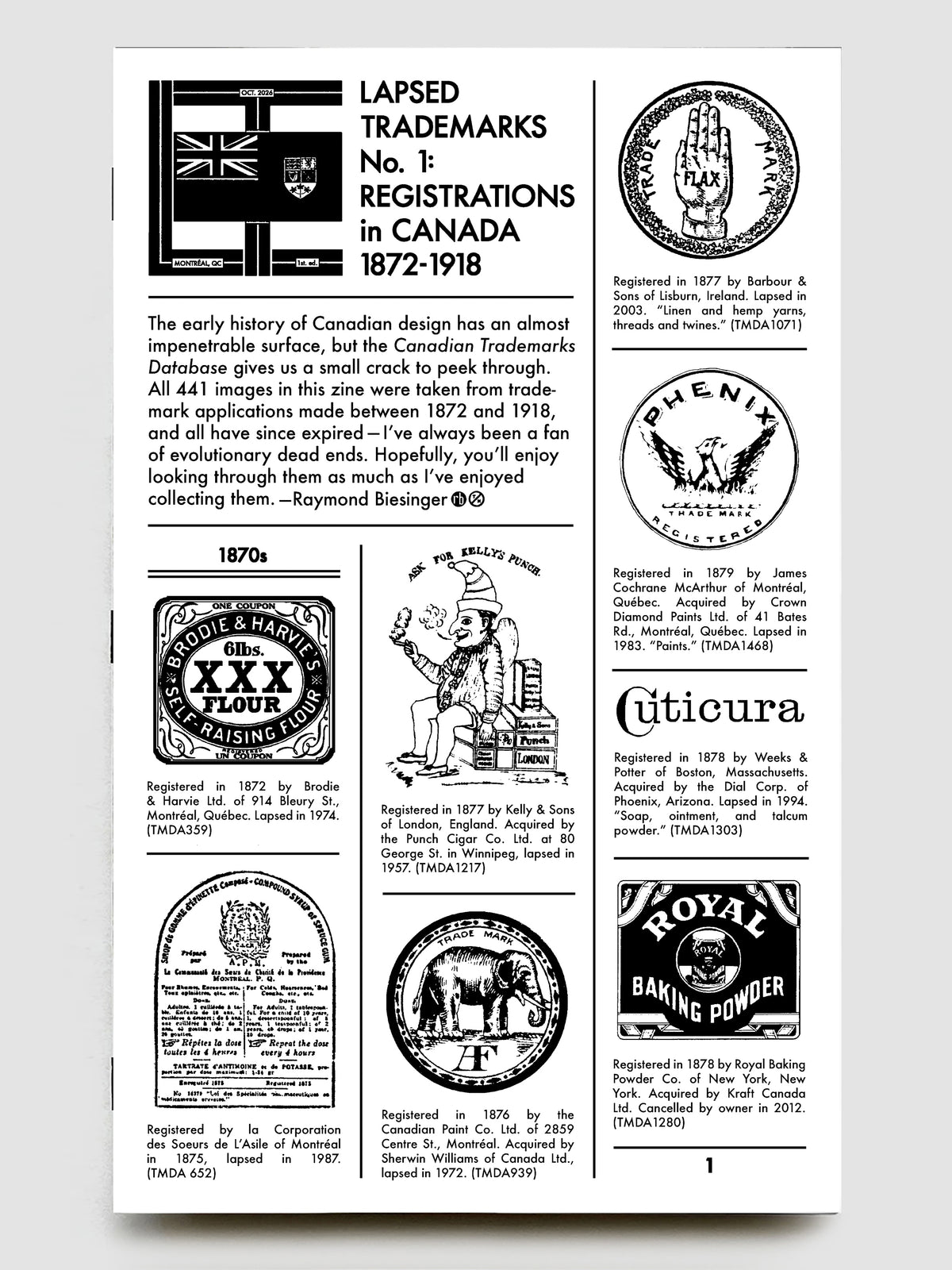 "Lapsed Tradmarks No. 1: Registrations in Canada 1872-1918" zine