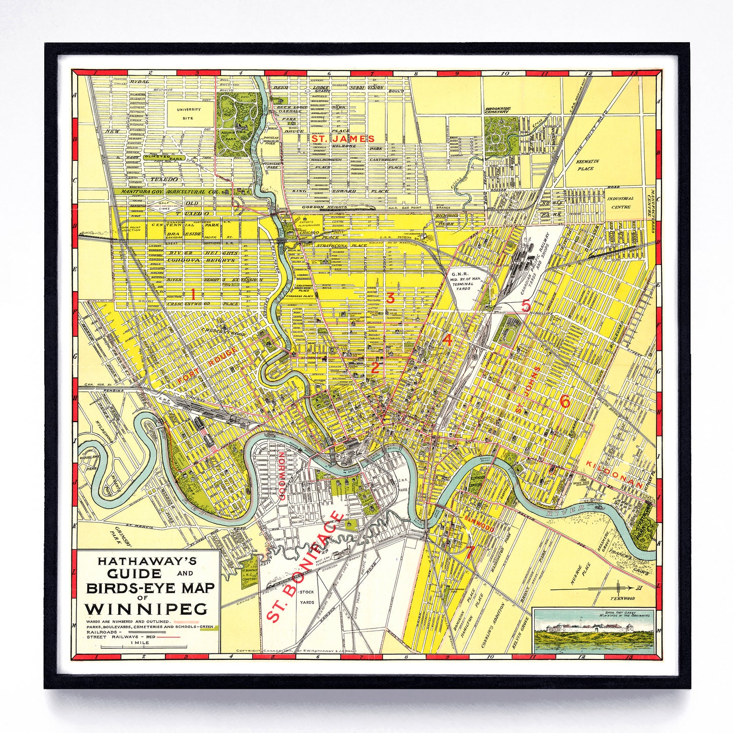 “Hathaway's Guide & Birds-Eye Map of Winnipeg” print by R. W. Hathaway & J. K. Wright (1911)