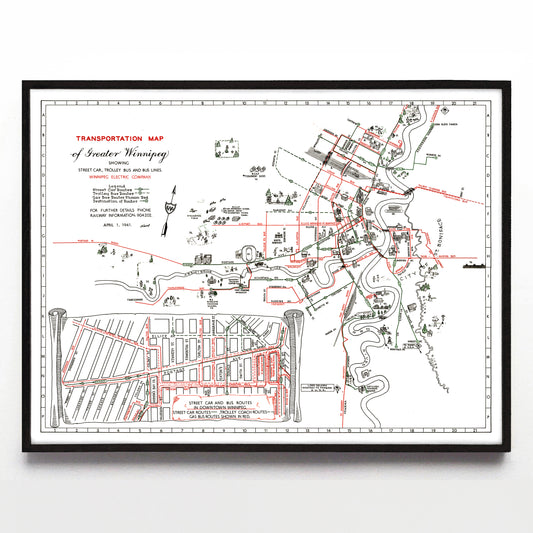 “Transportation Map of Greater Winnipeg” print by the Winnipeg Electric Company (1941)